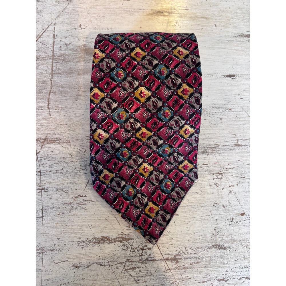 Christian Dior necktie men 58" burgundy geometric medallion silk vintage luxury
